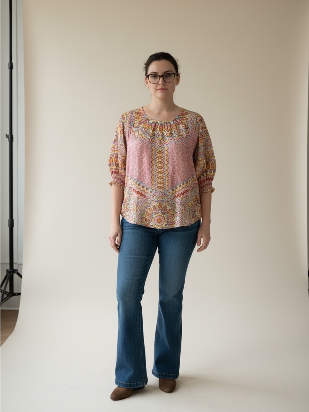Hale Bob Silk Blend Boho Blouse Flowy Colorful Print Tunic Top